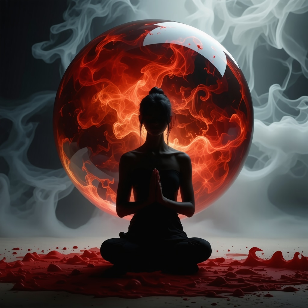 Person meditating with dream bubble showing symbolic red and dark blood representing Islamic dream interpretation
