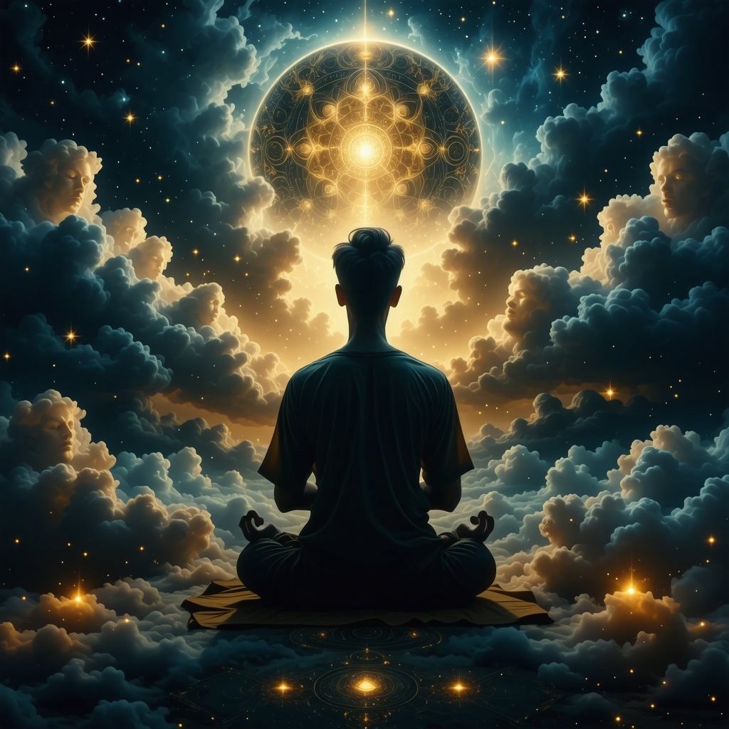 Person meditating surrounded by dreamlike symbolic faces and Islamic geometric motifs