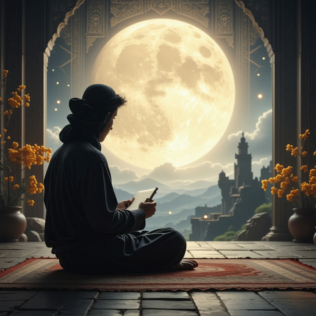 Person writing in a dream journal surrounded by Islamic geometric patterns representing spiritual reflection