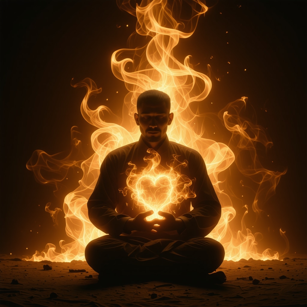 Illustration of a Muslim scholar meditating with symbolic fire representing spiritual transformation in dreams