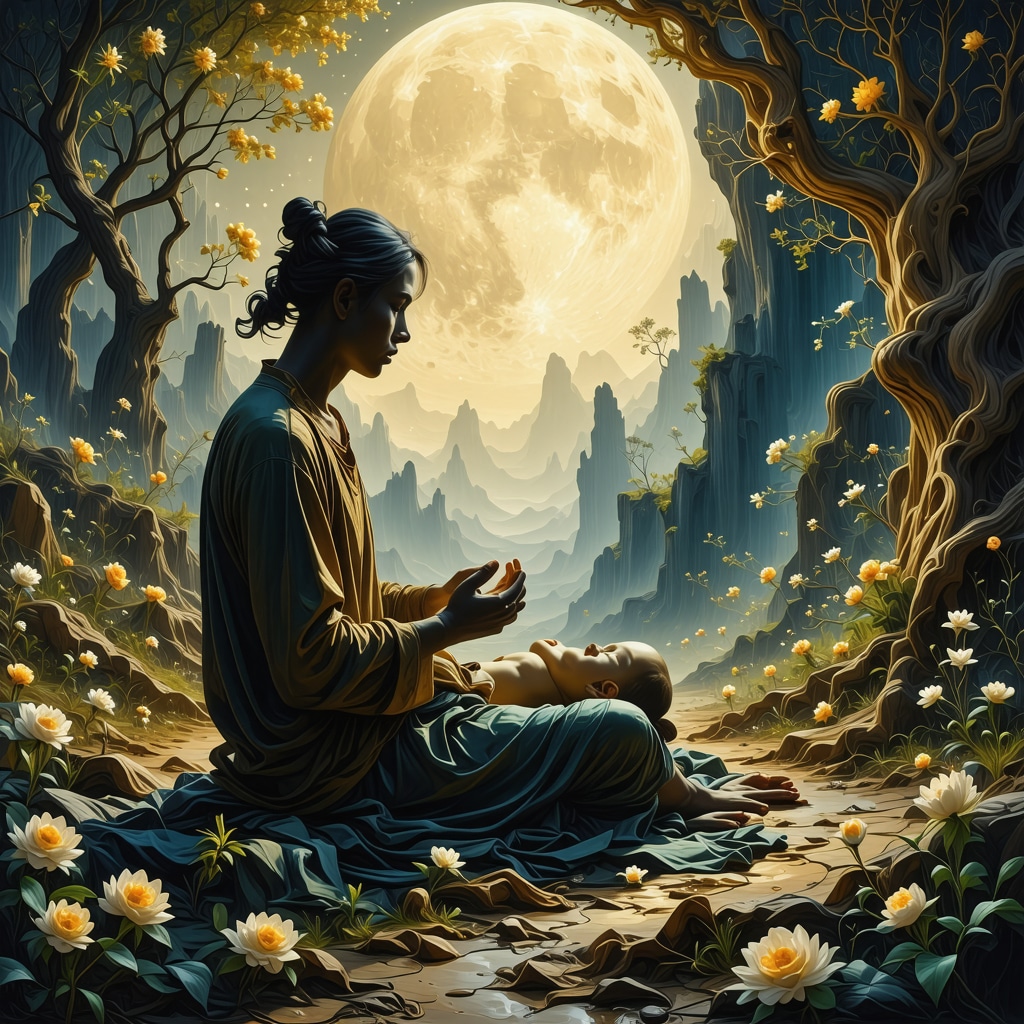 Abstract dreamscape illustrating childbirth as spiritual and psychological transformation in Islamic tradition