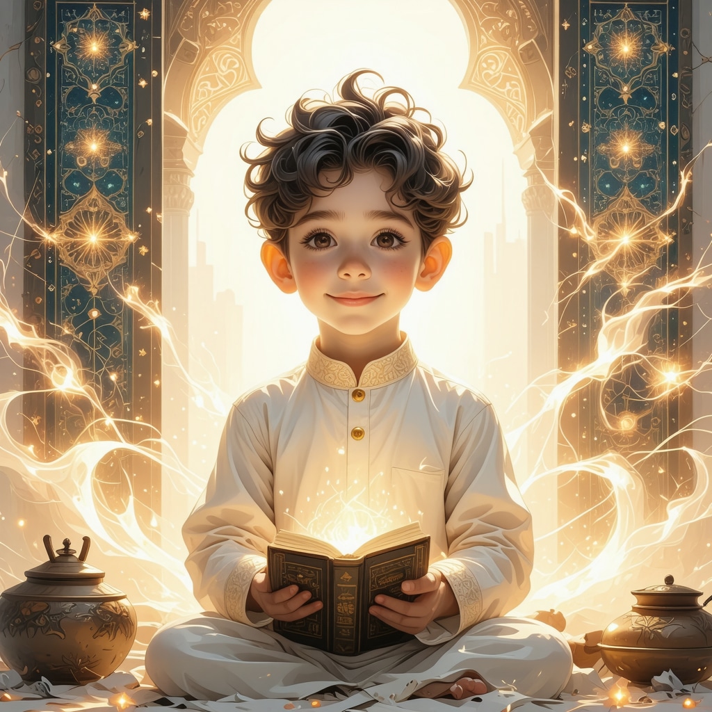 Illustration depicting a male child surrounded by Quranic calligraphy and spiritual light symbolizing growth and guidance