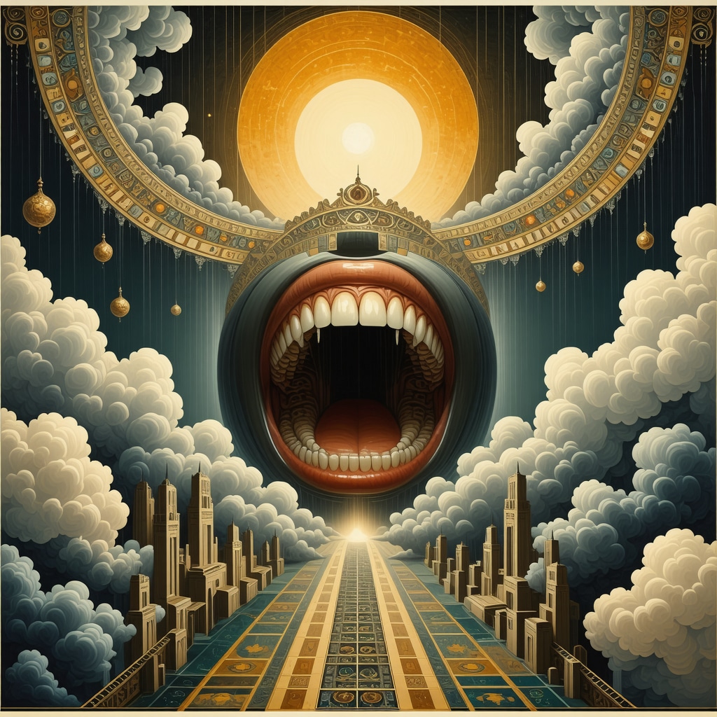 Illustration showing falling teeth in a dream with Islamic geometric and spiritual symbols