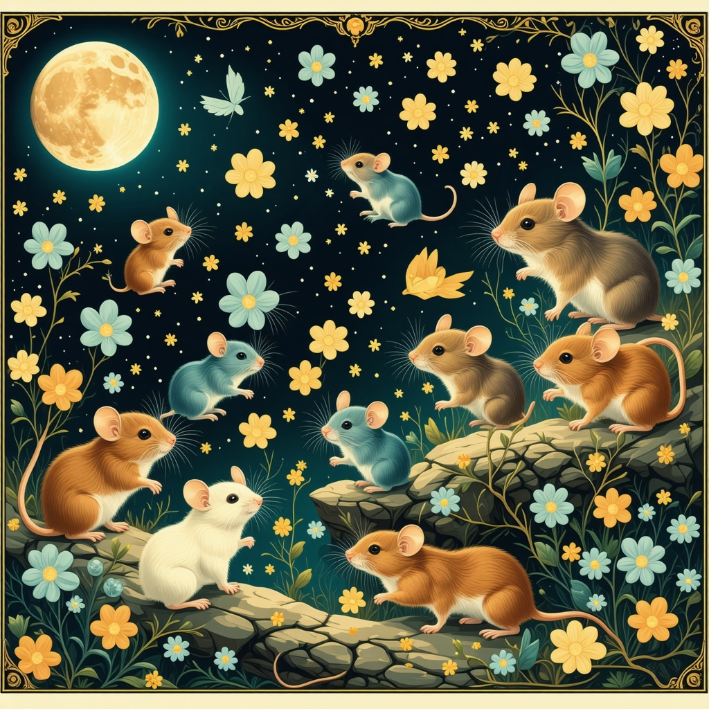 Dreamlike scene depicting mice with Islamic spiritual symbols representing complex dream meanings