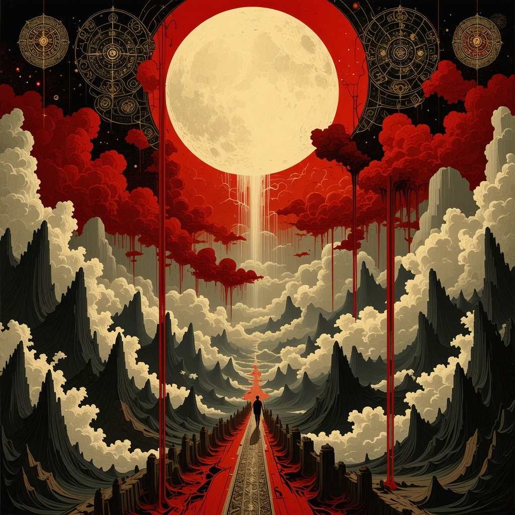 Artistic dreamscape showing flowing red blood and Islamic geometric patterns symbolizing spiritual introspection
