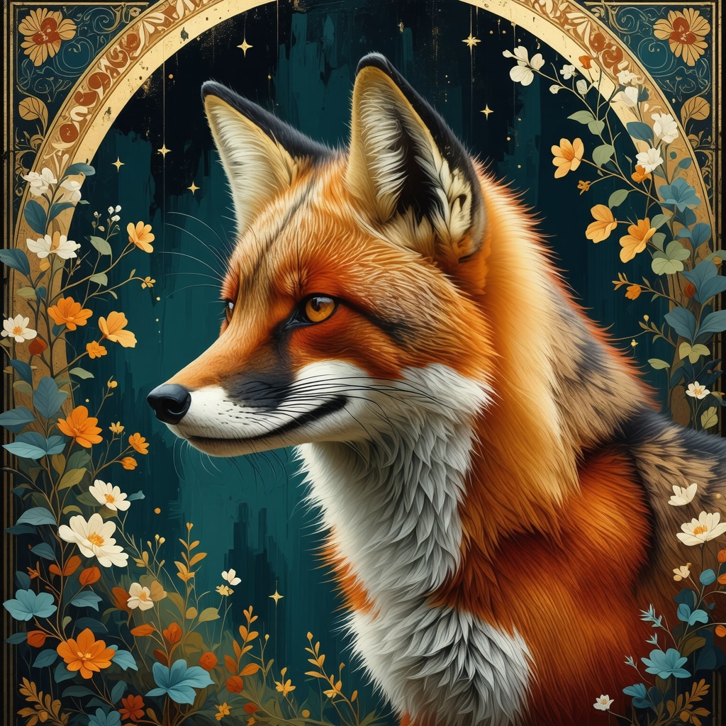 An artistic depiction of a fox symbolizing Islamic dream interpretation combining traditional and modern elements.