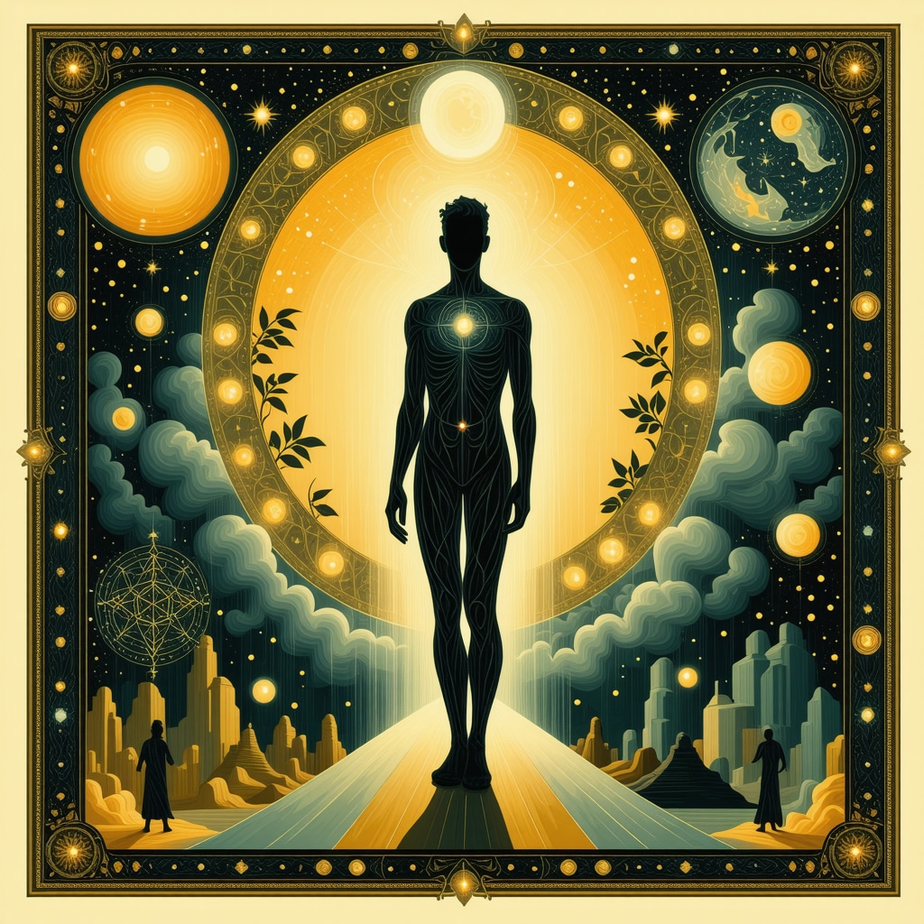 Artistic depiction of a human figure transitioning from impurity to purity with Islamic and psychological symbolism