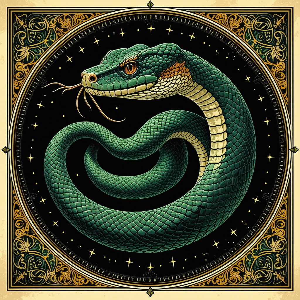 Illustration of a coiled snake with Arabic calligraphy symbolizing spiritual interpretation of dreams in Islamic tradition