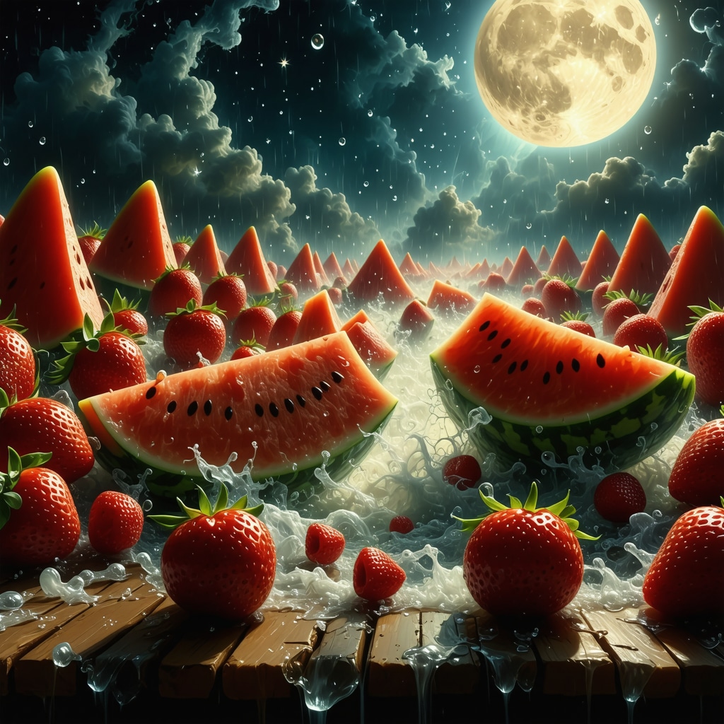 Artistic image of watermelons and strawberries glowing with spiritual light in Islamic art style
