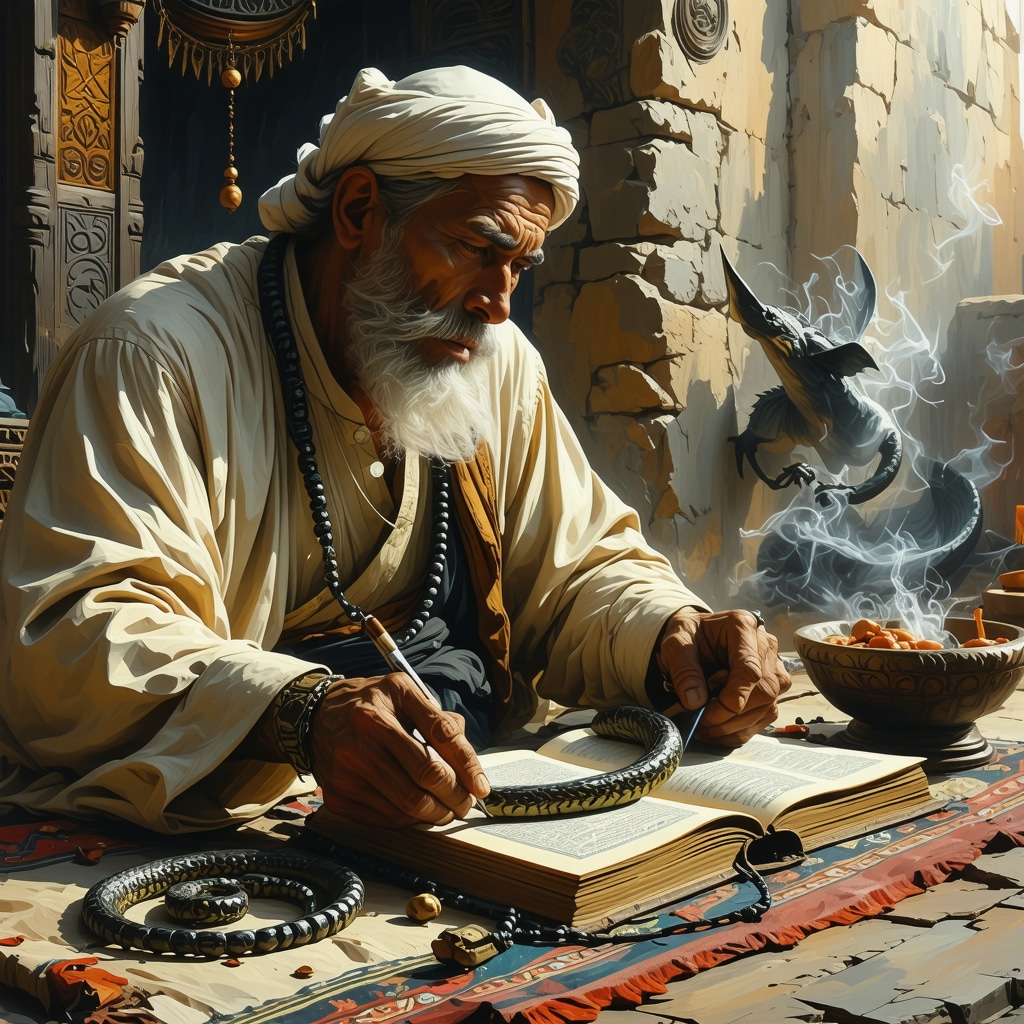 Islamic scholar analyzing dream symbols of snake and Shaytan with Quran and prayer beads