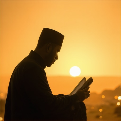 Muslim praying at night with Quran for spiritual protection