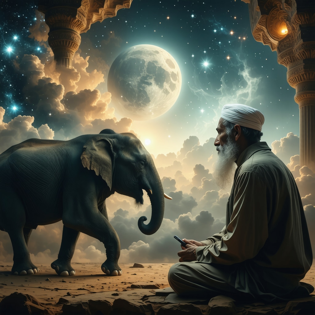 Islamic scholar studying dream about elephant with spiritual symbols