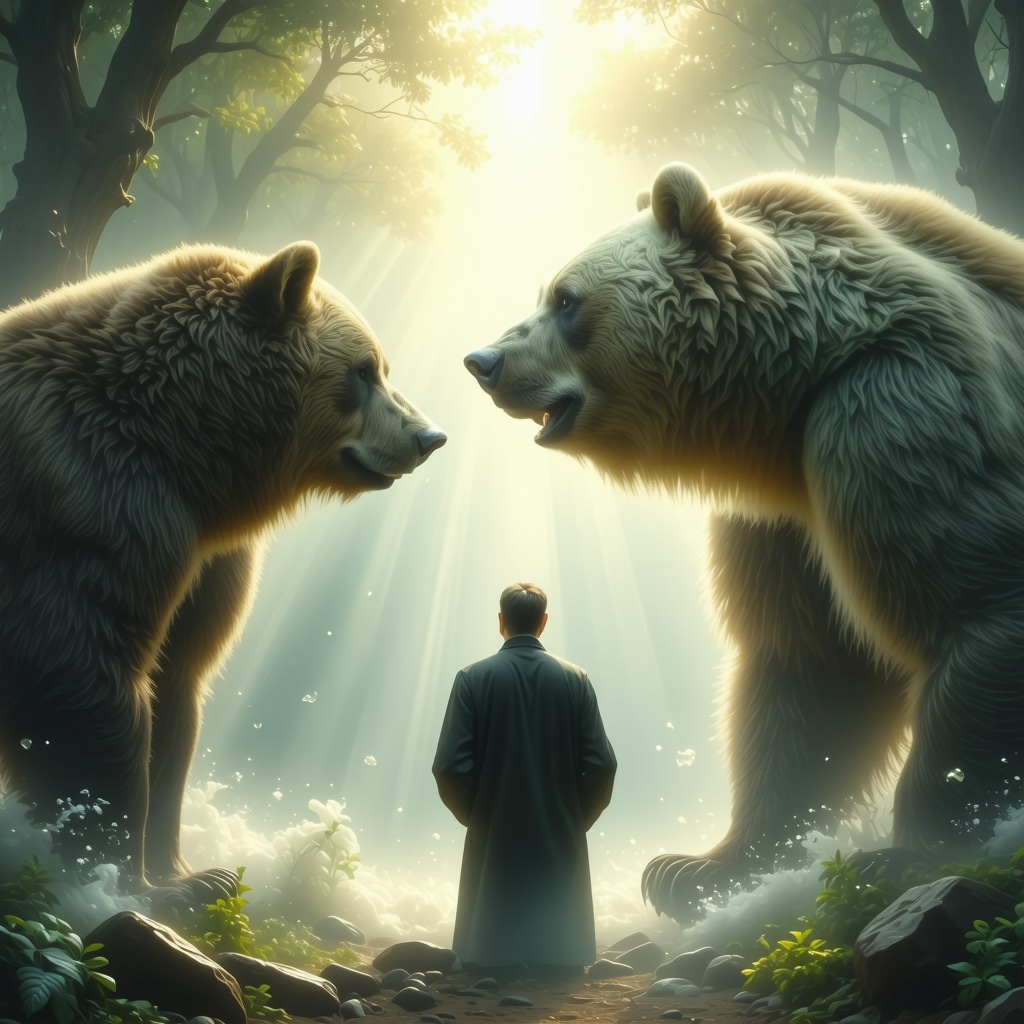 Man confronting bear in dream with divine light and Islamic motifs