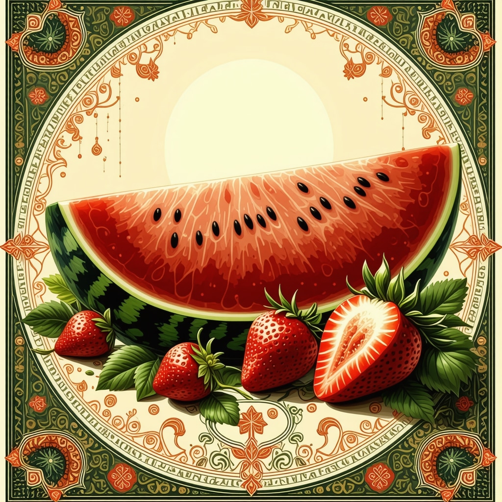 Illustration of watermelon and strawberries with Islamic geometric patterns representing dream symbolism
