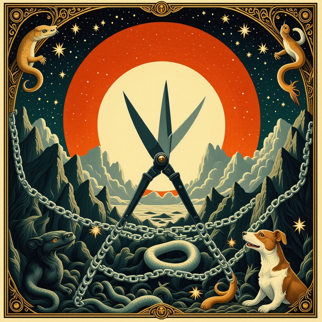 Symbolic illustration of scissors cutting chains with snake and dog symbols representing complex dream meanings in Islamic tradition