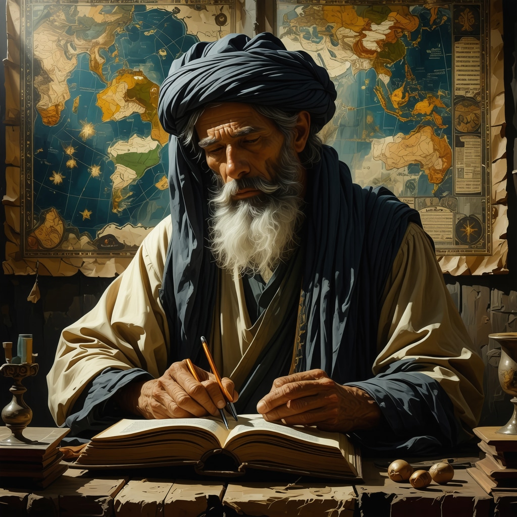 Islamic scholar analyzing complex dream symbols with manuscripts and charts