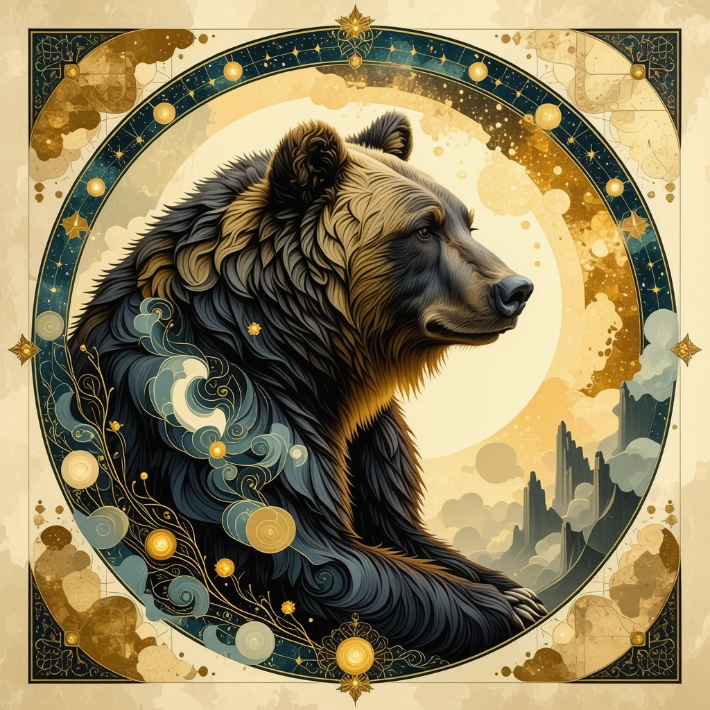 Artistic mystical bear surrounded by Islamic geometric patterns representing spiritual challenges and inner strength