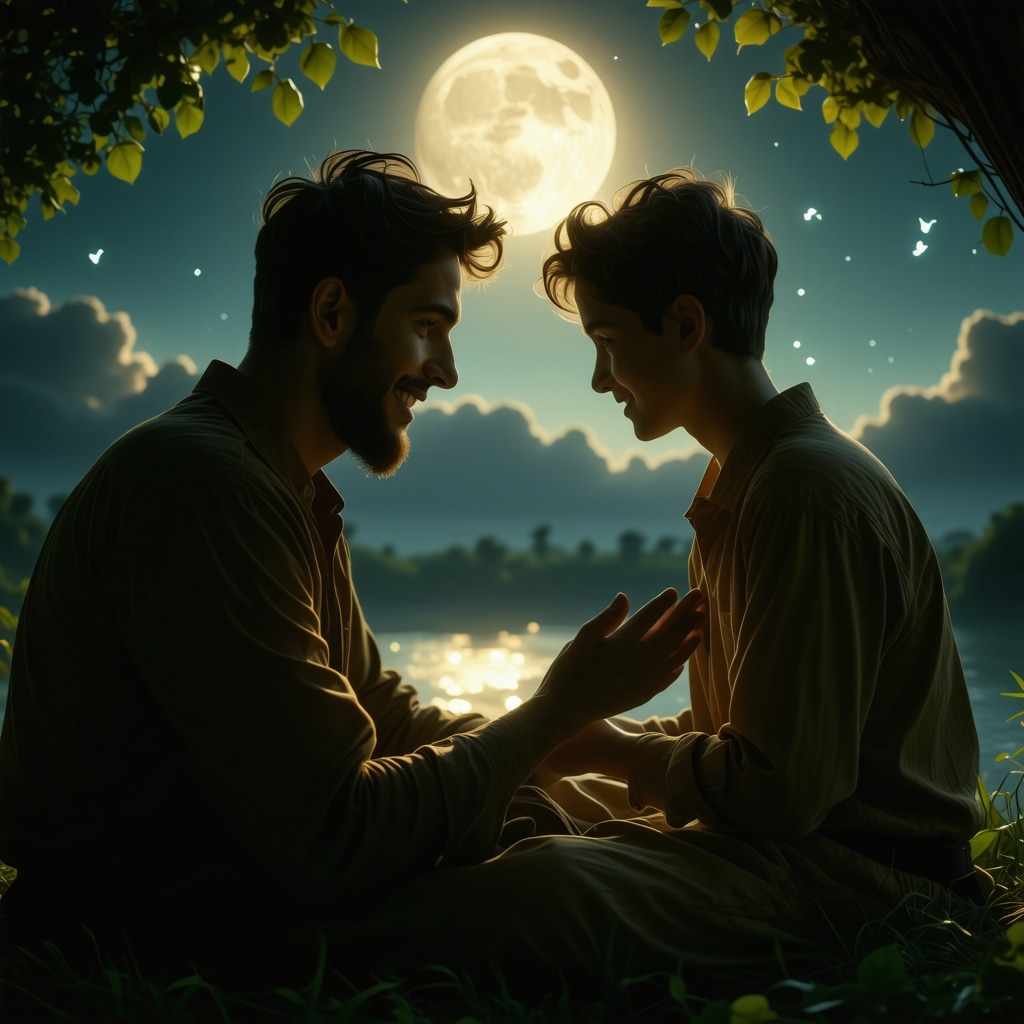 Artistic representation of a husband and son together in a dream with spiritual and harmonious Islamic symbolism