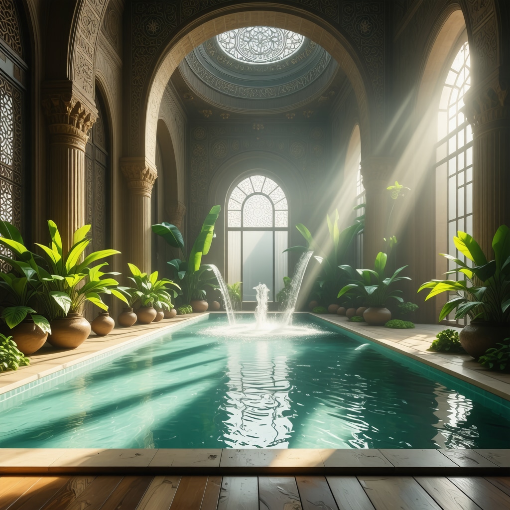 Islamic interior featuring a clear water fountain symbolizing spiritual purity and clarity