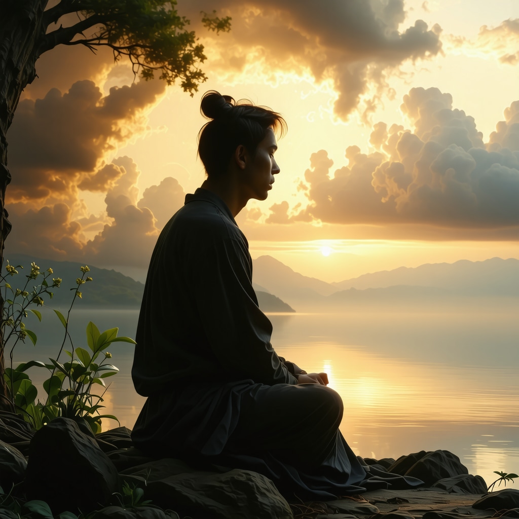Person contemplating dreams and spirituality in a tranquil setting