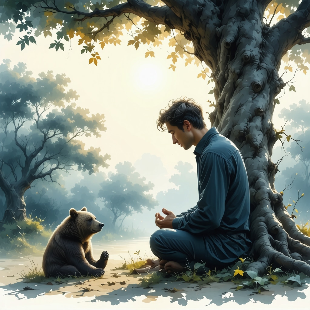 Person praying and meditating near a calm bear representing spiritual strength and guidance in Islam