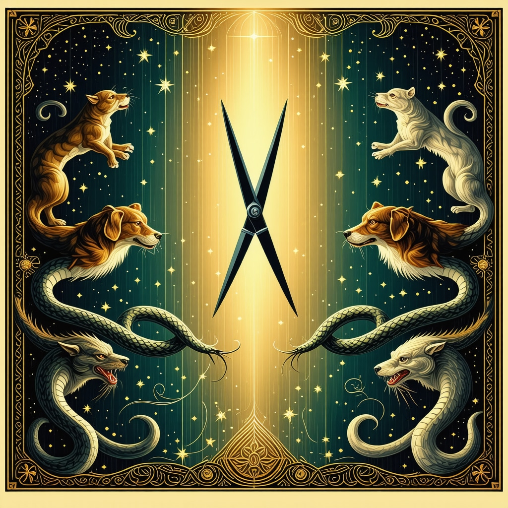 Illustration of scissors cutting threads with snakes and dogs symbolizing Islamic dream interpretation