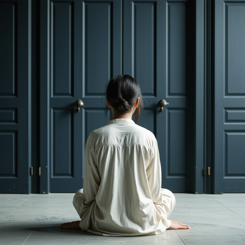 Person contemplating closed doors symbolizing inner spiritual journey