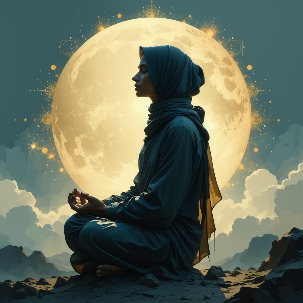 An artistic symbolic image depicting a translucent hijab overlaying a meditative silhouette with Islamic patterns and psychological motifs