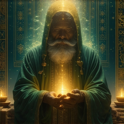 Islamic scholar analyzing symbols in a serene setting for dream interpretation