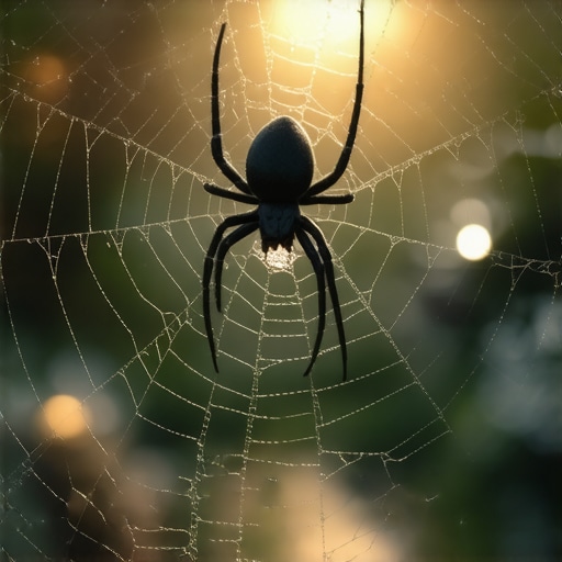 Detaljna ilustracija crnog pauka tkanjem mreže u snu, simbolički prikaz