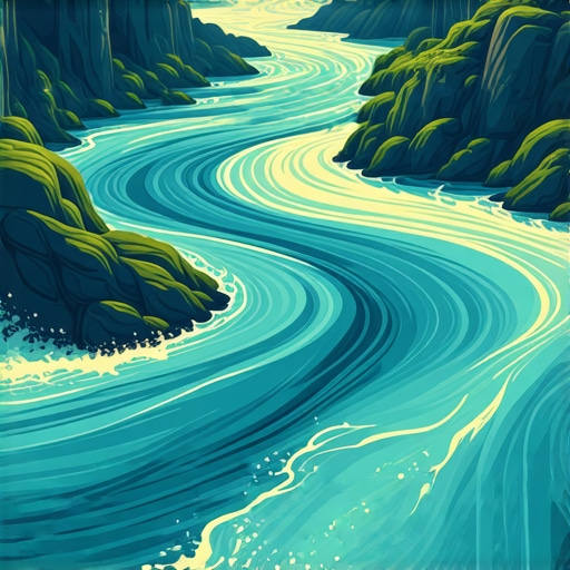 Artistic depiction of a river with calm and turbulent sections representing spiritual states.
