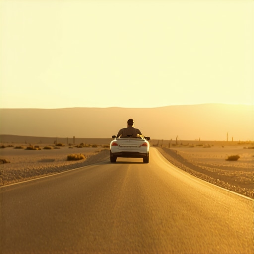 Person driving a car on a symbolic spiritual road with divine light