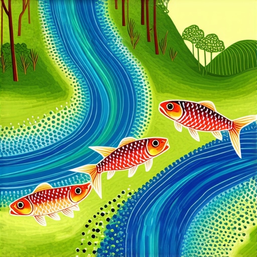 Islamic watercolor painting of a river with fish, symbolizing spiritual growth and cleansing
