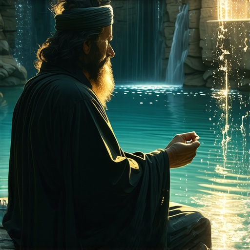 Islamic scholar studying water symbolism in dreams for spiritual guidance