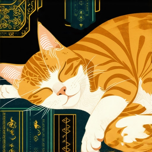 Religious illustration of a sleeping cat with spiritual symbols