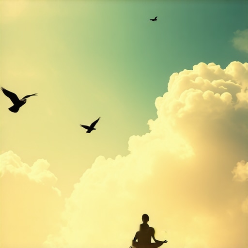 Meditating person beneath sky with clouds, symbolizing spiritual elevation and reflection
