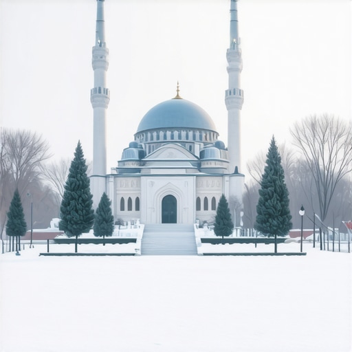 Serene snowy landscape with mosque, symbolizing spiritual purity in Islam