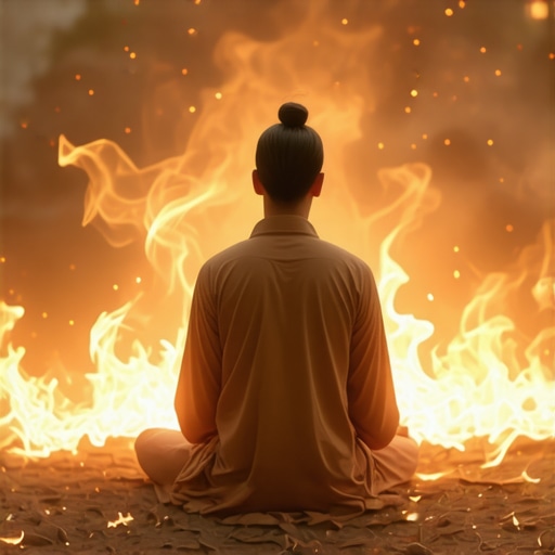 A person meditating beside a symbolic fire representing inner spiritual transformation.