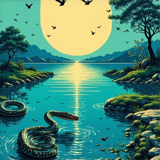 A mystical scene illustrating water, snakes, and birds as symbols in Islamic dream interpretation