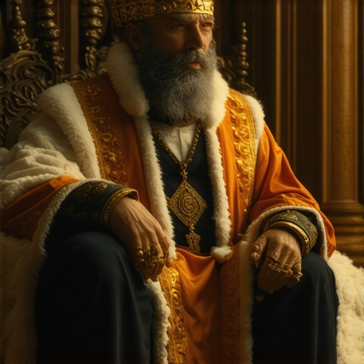 Majestic king on throne with golden crown in a dream landscape