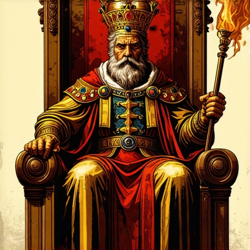 Majestic king sitting on a throne with crown and scepter, symbolizing spiritual power and authority