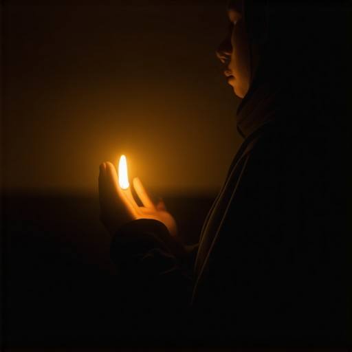 Muslim woman praying at night with spiritual aura, symbolizing protection against evil.