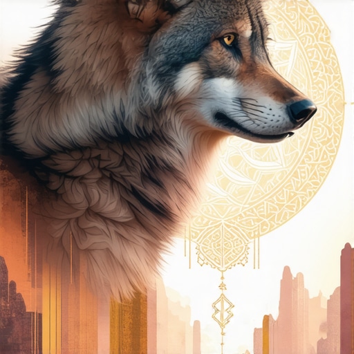 A wise wolf in a spiritual landscape with Islamic geometric patterns.