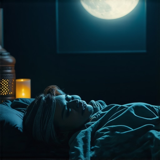 Person sleeping peacefully in Islamic bedroom with spiritual symbols.
