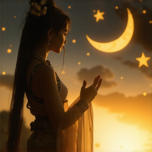 Woman in traditional dress with moon and star symbols for dream analysis