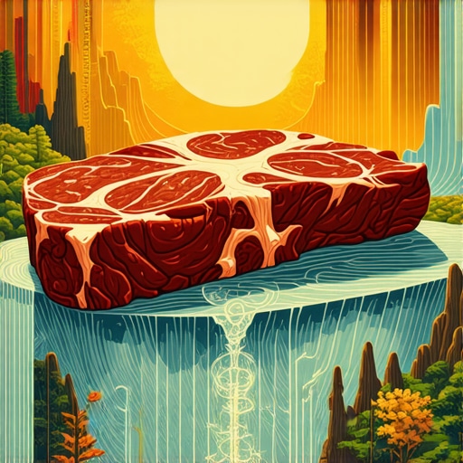 A vivid illustration depicting a dream scene with meat, water, and spiritual symbols representing deep interpretation