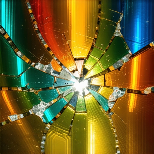 A detailed illustration of broken glass with spiritual light, representing insight and transformation.
