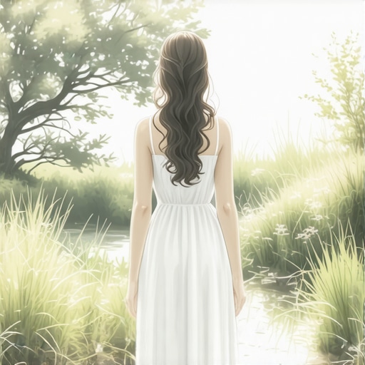 Serena djevojčica u bijelom odjevnom predmetu u prirodi, simbol duhovnog pročišćenja