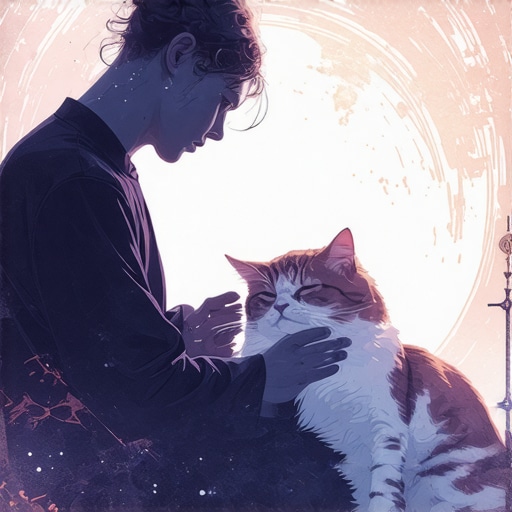 Duhovna simbolika snova o mački Person meditating with a sleeping cat and mystical symbols around