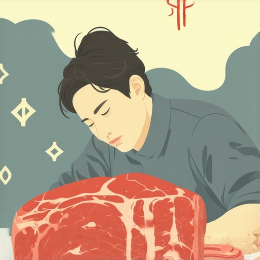 Illustration of a person dreaming with spiritual symbols and raw meat